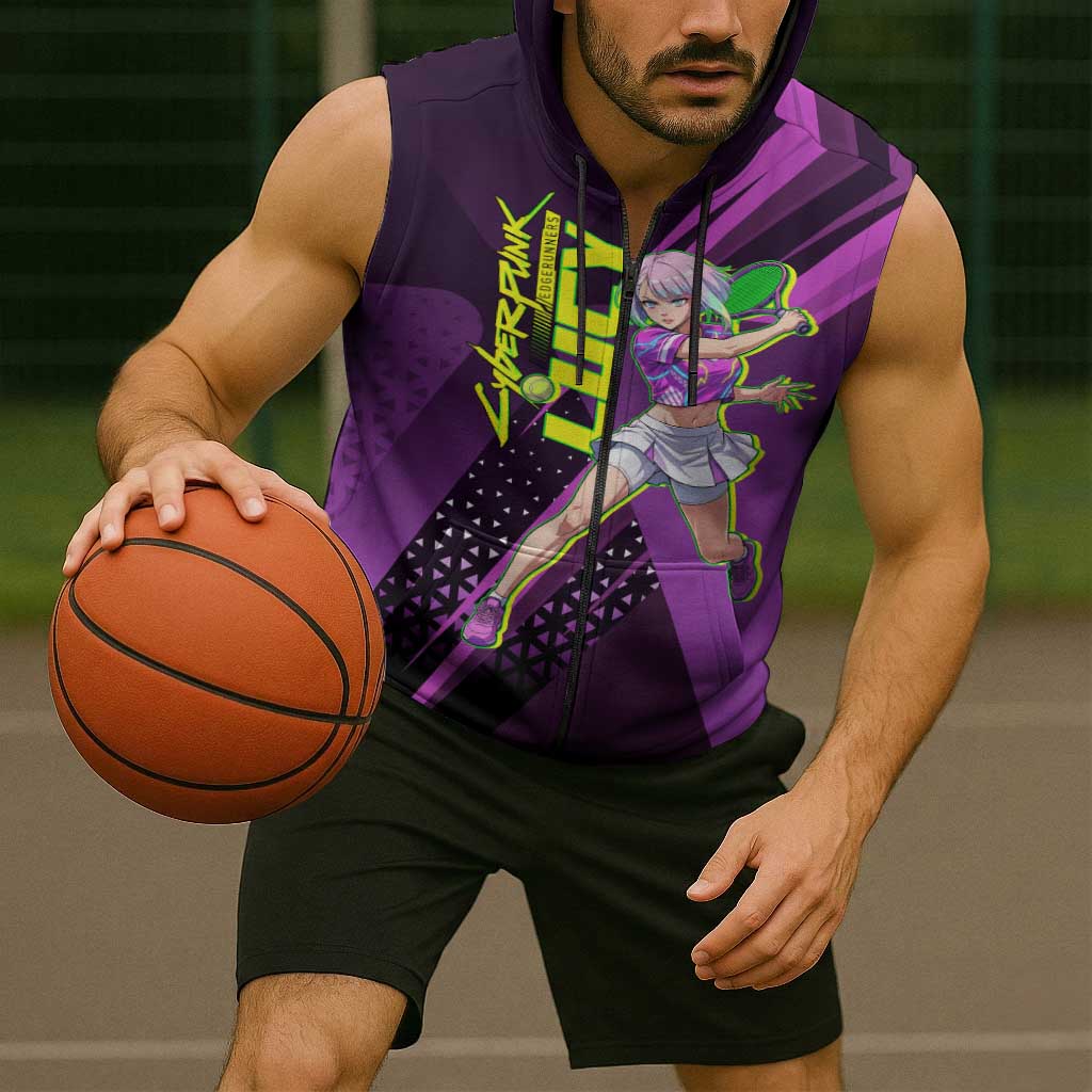 Personalized Lucy Tennis Design Sleeveless Zip Hoodie with a Cyberpunk Edgerunners Theme Featuring Neon Purple and Dynamic Poses