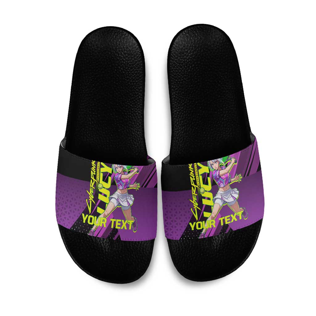 Personalized Lucy Tennis Design Slide Sandals with a Cyberpunk Edgerunners Theme Featuring Neon Purple and Dynamic Poses