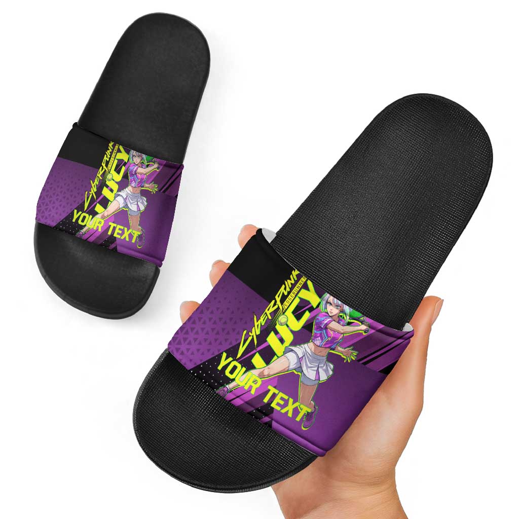 Personalized Lucy Tennis Design Slide Sandals with a Cyberpunk Edgerunners Theme Featuring Neon Purple and Dynamic Poses