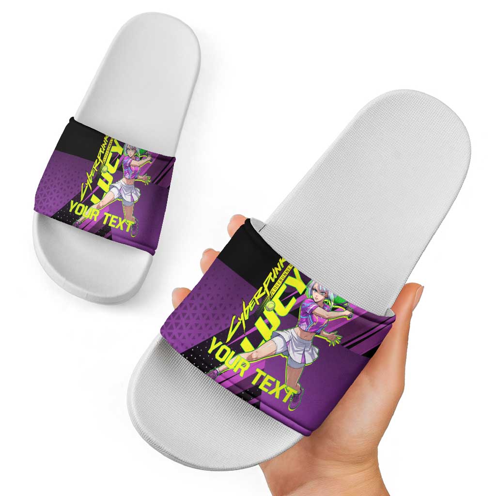 Personalized Lucy Tennis Design Slide Sandals with a Cyberpunk Edgerunners Theme Featuring Neon Purple and Dynamic Poses