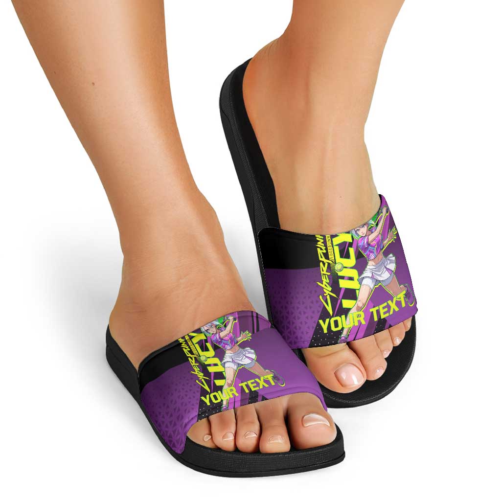 Personalized Lucy Tennis Design Slide Sandals with a Cyberpunk Edgerunners Theme Featuring Neon Purple and Dynamic Poses