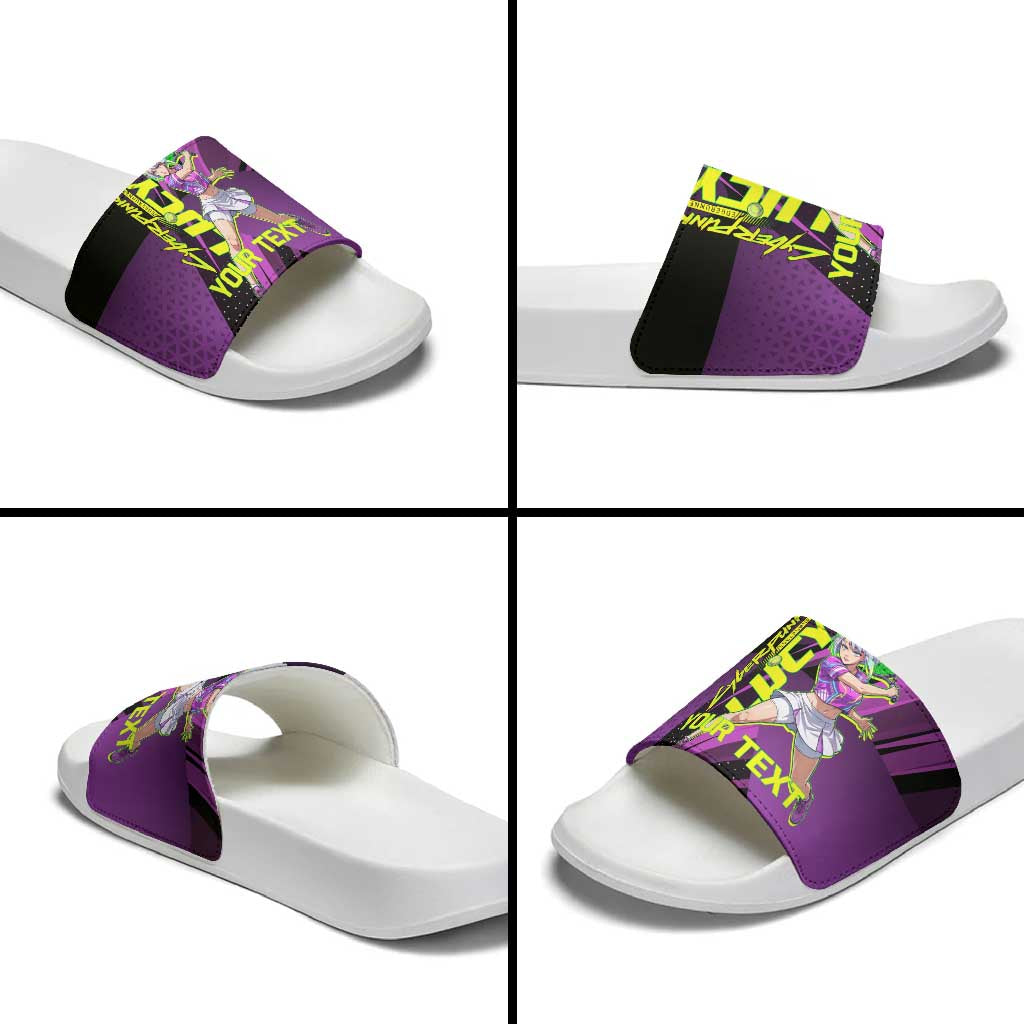 Personalized Lucy Tennis Design Slide Sandals with a Cyberpunk Edgerunners Theme Featuring Neon Purple and Dynamic Poses