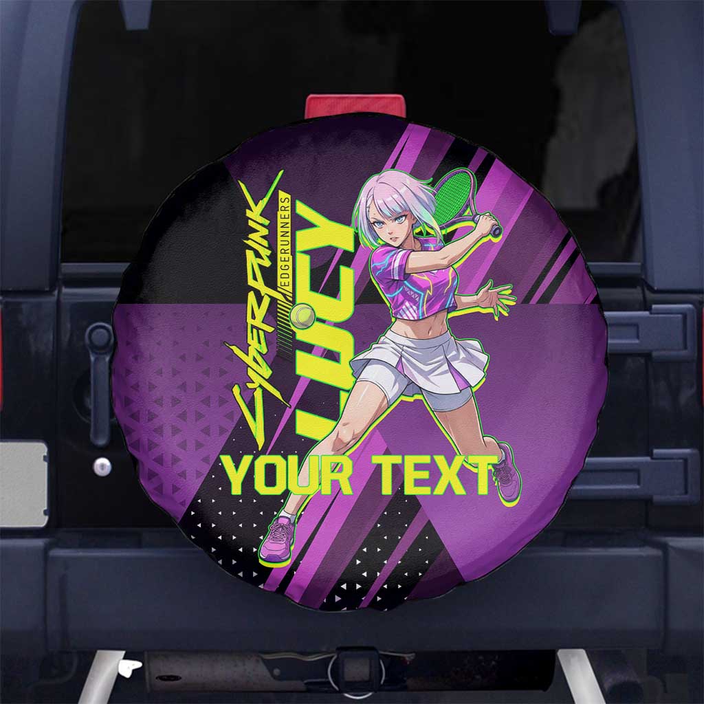 Personalized Lucy Tennis Design Spare Tire Cover with a Cyberpunk Edgerunners Theme Featuring Neon Purple and Dynamic Poses