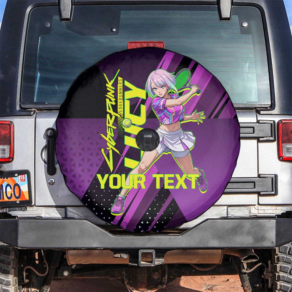 Personalized Lucy Tennis Design Spare Tire Cover with a Cyberpunk Edgerunners Theme Featuring Neon Purple and Dynamic Poses