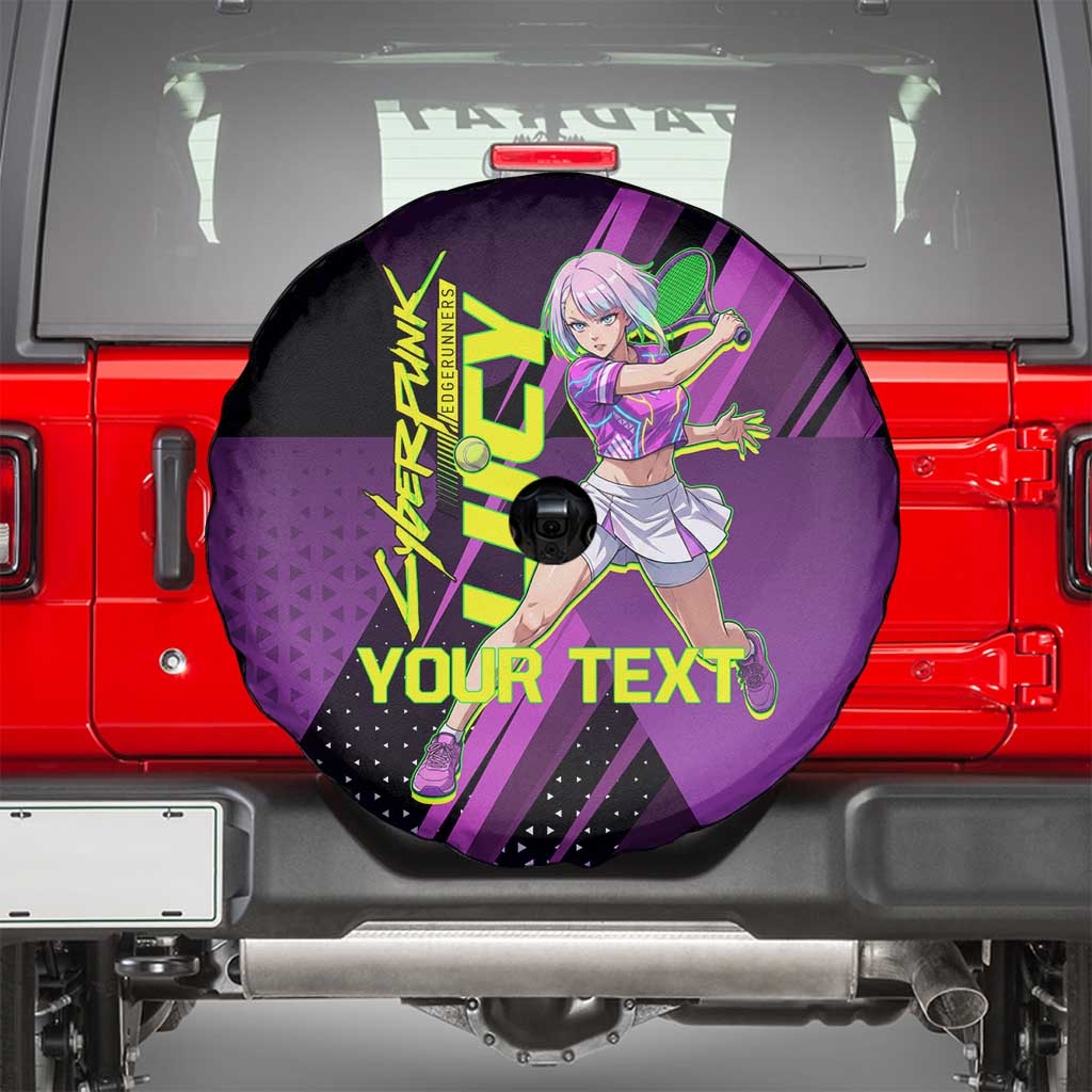 Personalized Lucy Tennis Design Spare Tire Cover with a Cyberpunk Edgerunners Theme Featuring Neon Purple and Dynamic Poses