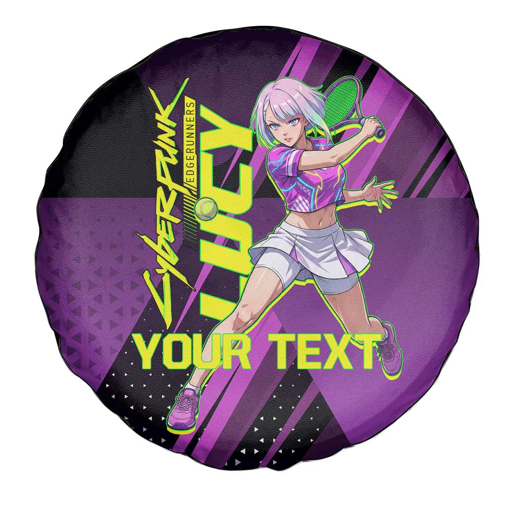 Personalized Lucy Tennis Design Spare Tire Cover with a Cyberpunk Edgerunners Theme Featuring Neon Purple and Dynamic Poses