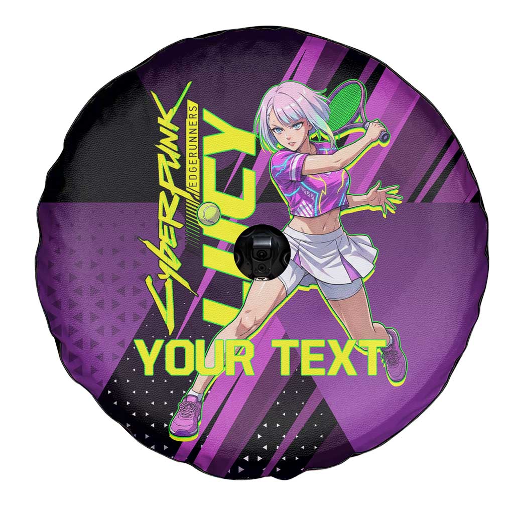 Personalized Lucy Tennis Design Spare Tire Cover with a Cyberpunk Edgerunners Theme Featuring Neon Purple and Dynamic Poses