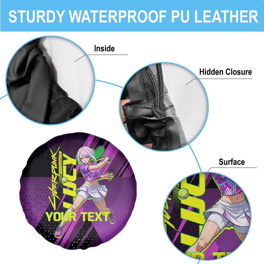 Personalized Lucy Tennis Design Spare Tire Cover with a Cyberpunk Edgerunners Theme Featuring Neon Purple and Dynamic Poses
