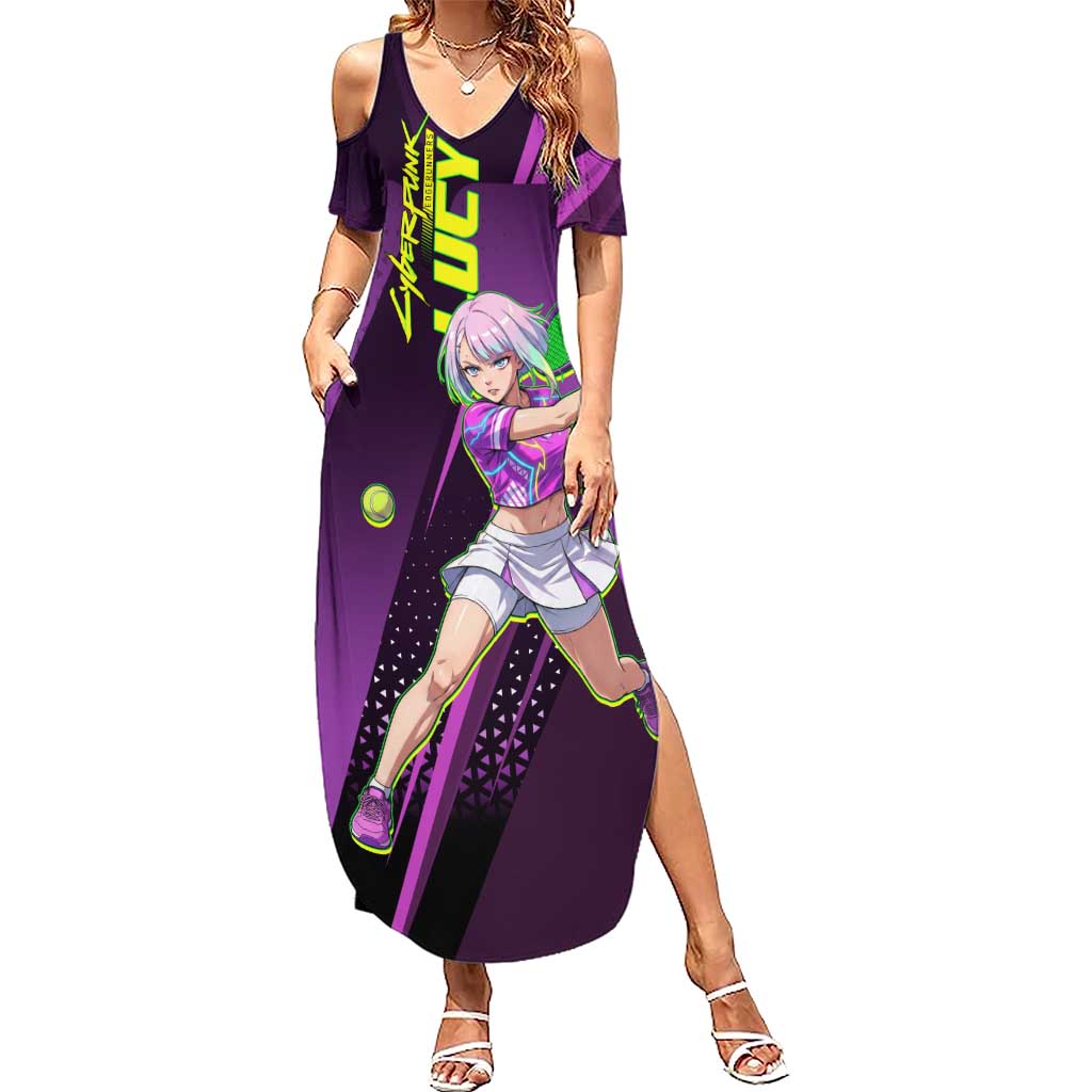 Personalized Lucy Tennis Design Summer Maxi Dress with a Cyberpunk Edgerunners Theme Featuring Neon Purple and Dynamic Poses