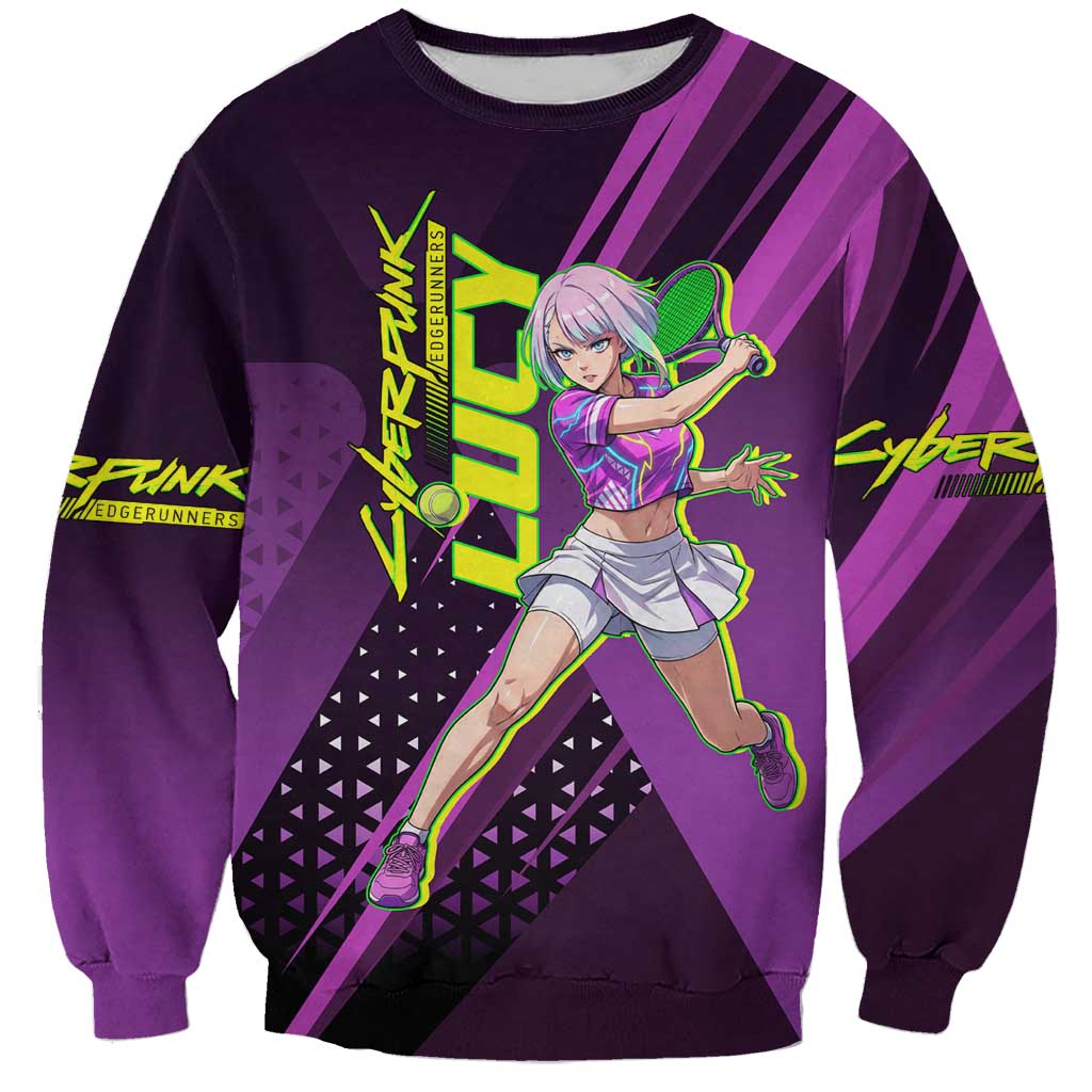 Personalized Lucy Tennis Design Sweatshirt with a Cyberpunk Edgerunners Theme Featuring Neon Purple and Dynamic Poses