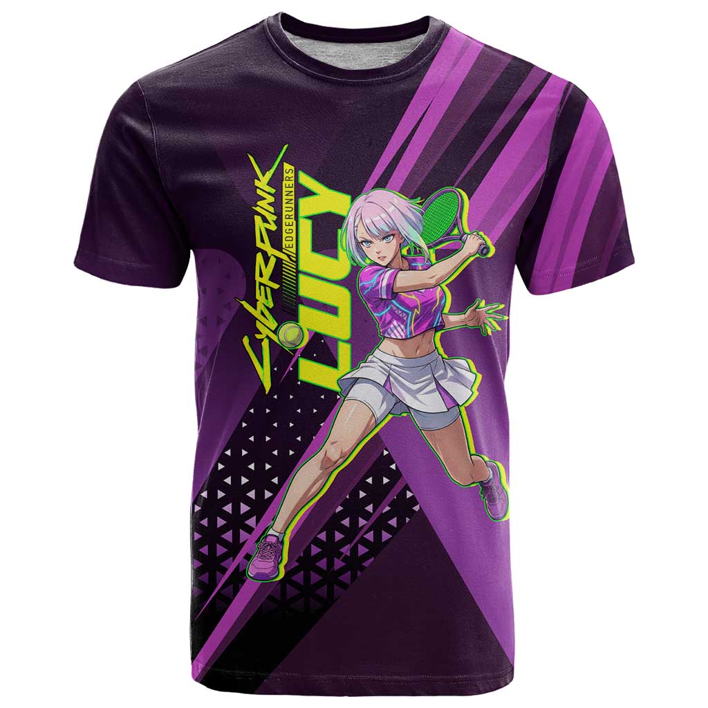 Personalized Lucy Tennis Design T Shirt with a Cyberpunk Edgerunners Theme Featuring Neon Purple and Dynamic Poses