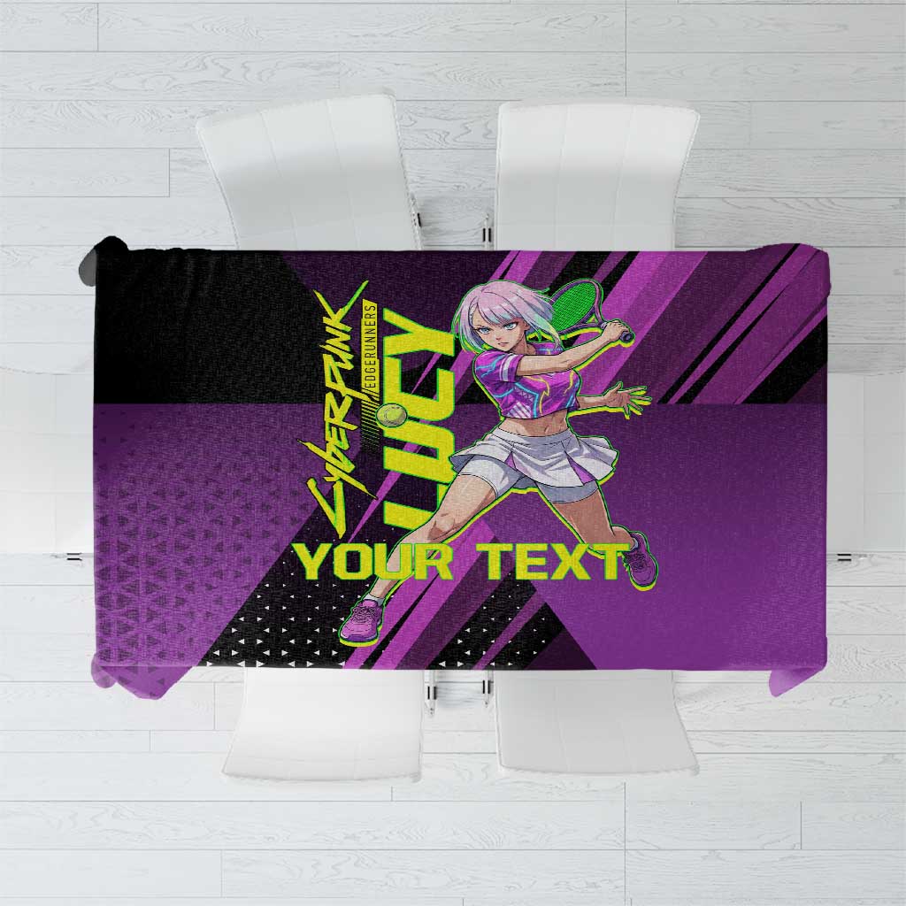 Personalized Lucy Tennis Design Tablecloth with a Cyberpunk Edgerunners Theme Featuring Neon Purple and Dynamic Poses