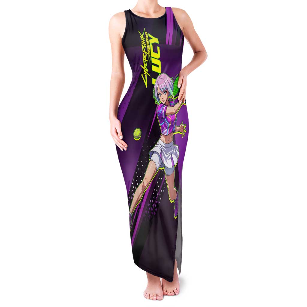 Personalized Lucy Tennis Design Tank Maxi Dress with a Cyberpunk Edgerunners Theme Featuring Neon Purple and Dynamic Poses