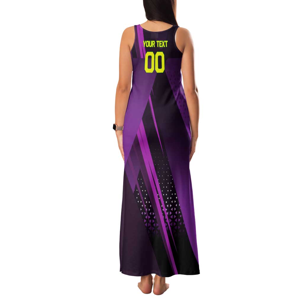 Personalized Lucy Tennis Design Tank Maxi Dress with a Cyberpunk Edgerunners Theme Featuring Neon Purple and Dynamic Poses