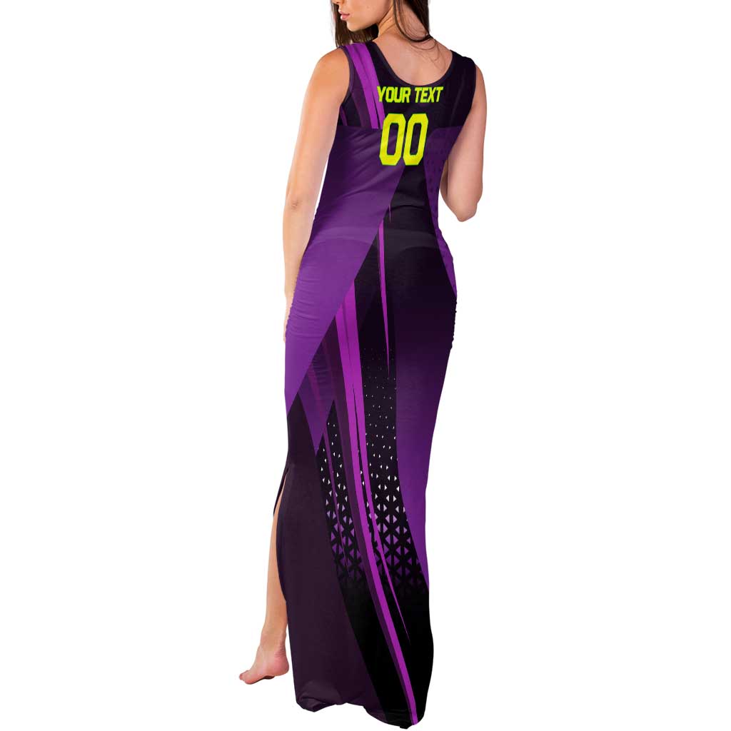 Personalized Lucy Tennis Design Tank Maxi Dress with a Cyberpunk Edgerunners Theme Featuring Neon Purple and Dynamic Poses