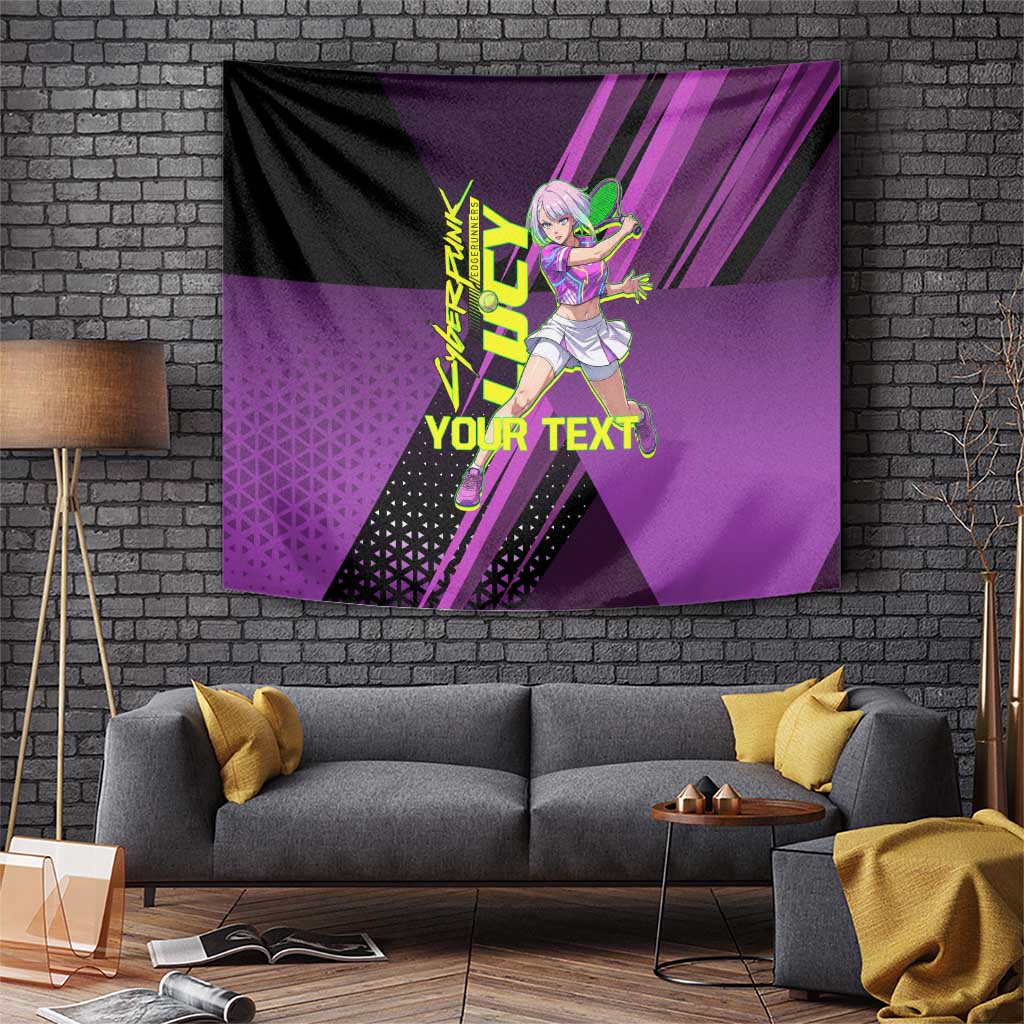 Personalized Lucy Tennis Design Tapestry with a Cyberpunk Edgerunners Theme Featuring Neon Purple and Dynamic Poses