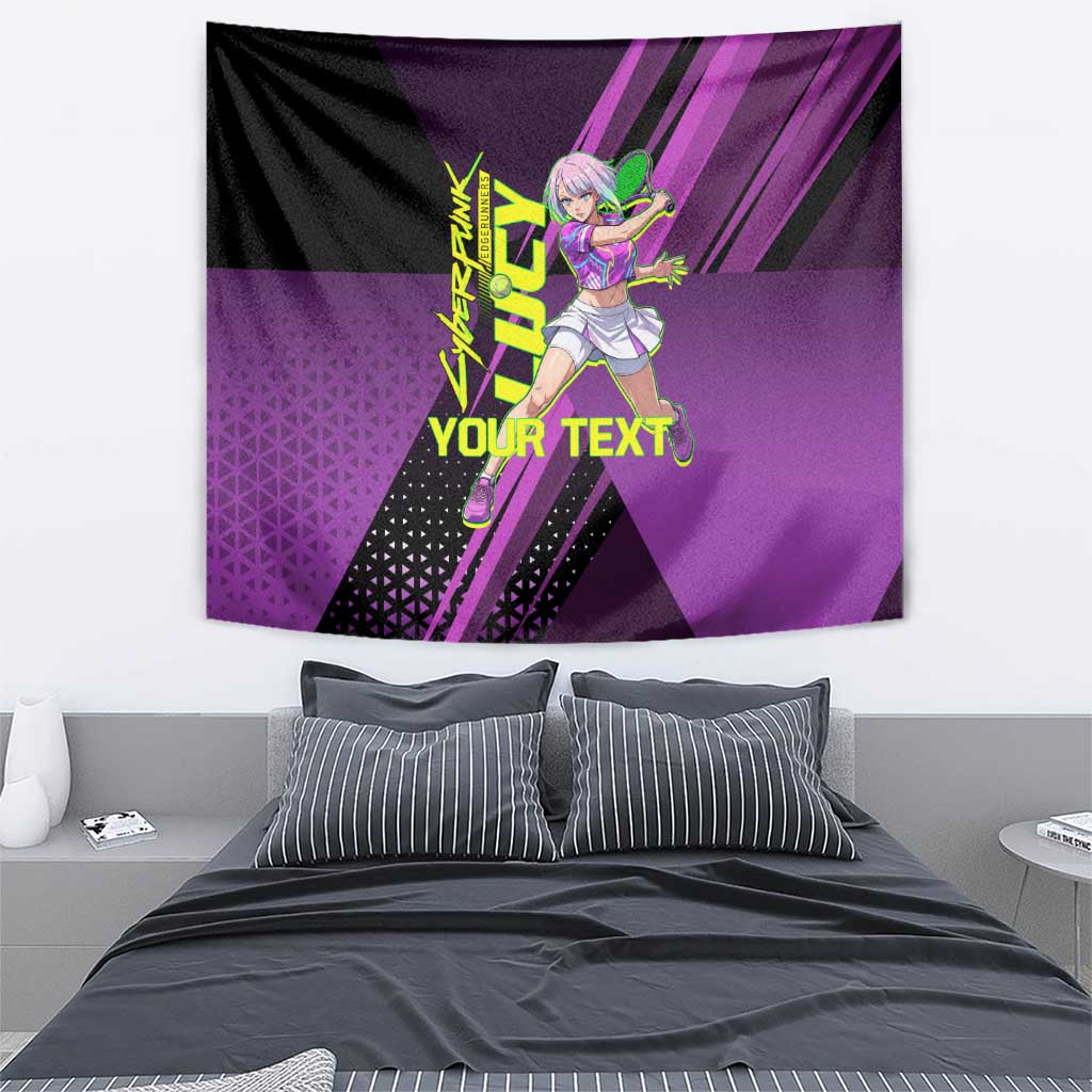 Personalized Lucy Tennis Design Tapestry with a Cyberpunk Edgerunners Theme Featuring Neon Purple and Dynamic Poses