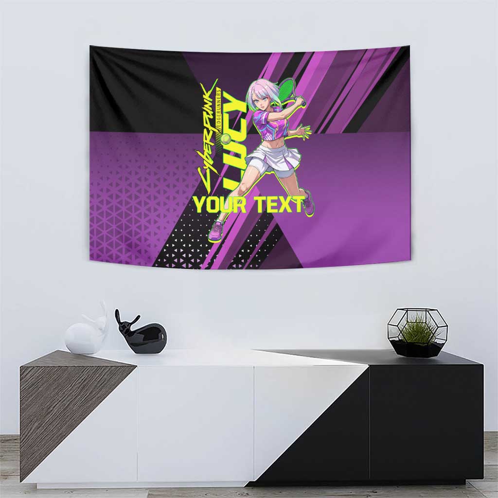 Personalized Lucy Tennis Design Tapestry with a Cyberpunk Edgerunners Theme Featuring Neon Purple and Dynamic Poses
