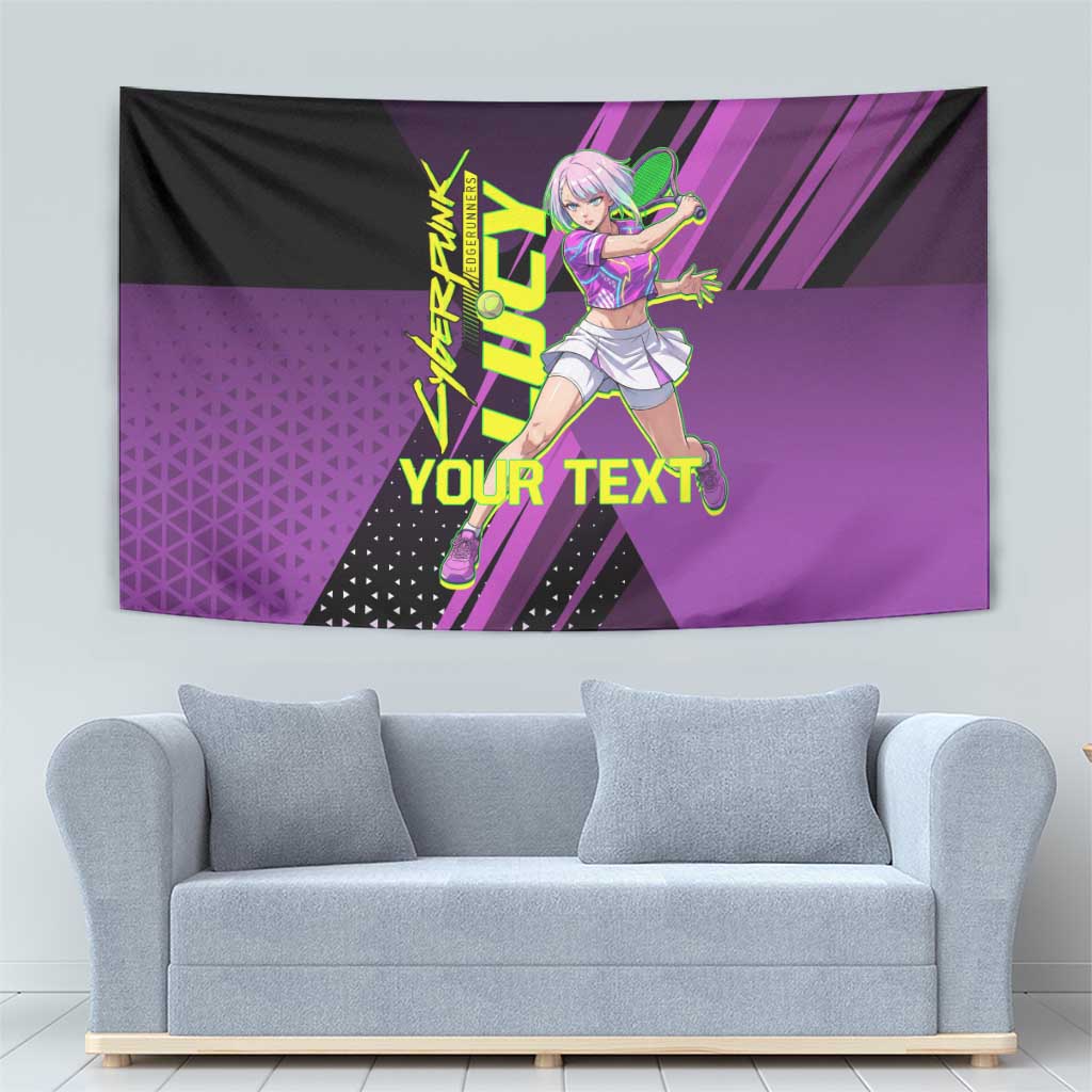Personalized Lucy Tennis Design Tapestry with a Cyberpunk Edgerunners Theme Featuring Neon Purple and Dynamic Poses