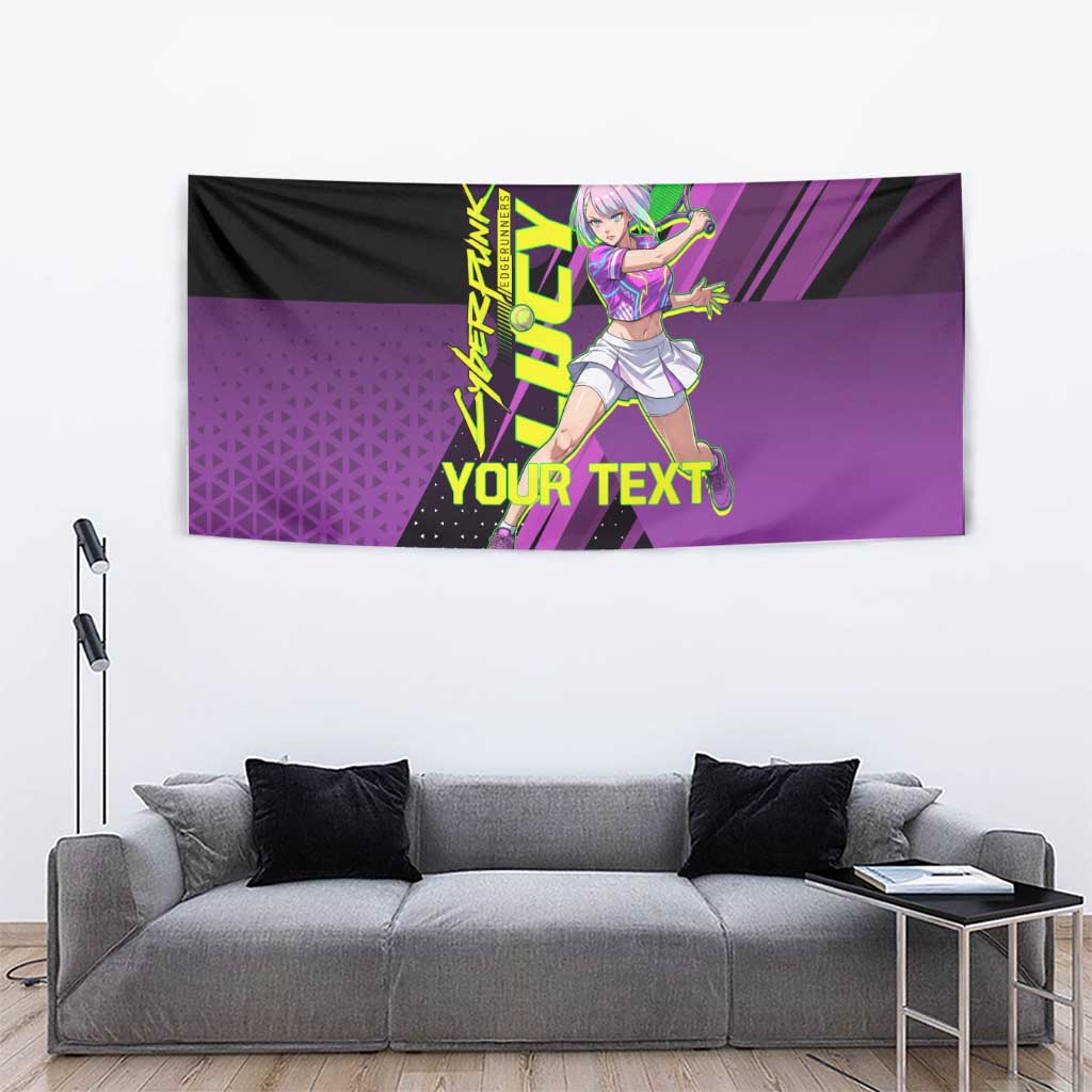 Personalized Lucy Tennis Design Tapestry with a Cyberpunk Edgerunners Theme Featuring Neon Purple and Dynamic Poses