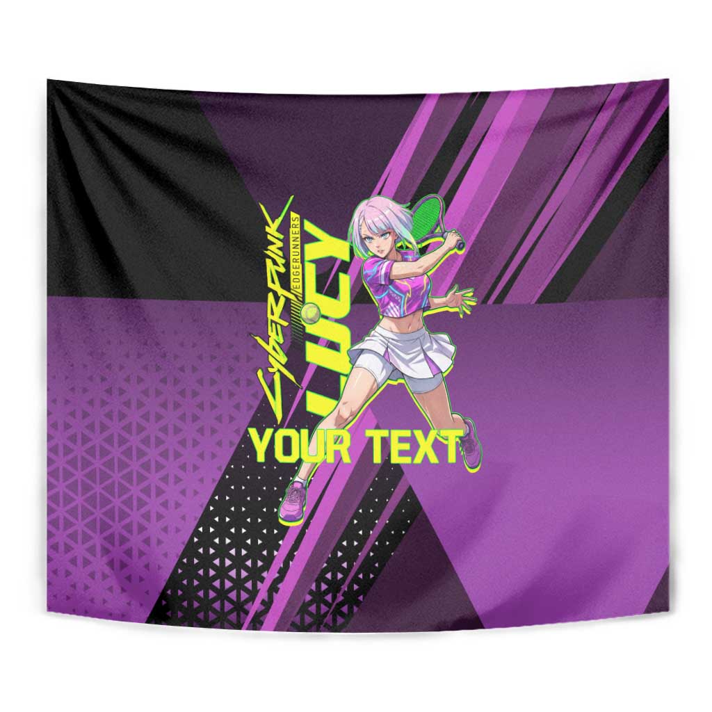 Personalized Lucy Tennis Design Tapestry with a Cyberpunk Edgerunners Theme Featuring Neon Purple and Dynamic Poses