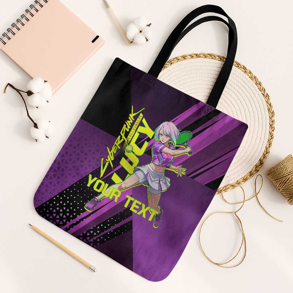 Personalized Lucy Tennis Design Tote Bag with a Cyberpunk Edgerunners Theme Featuring Neon Purple and Dynamic Poses