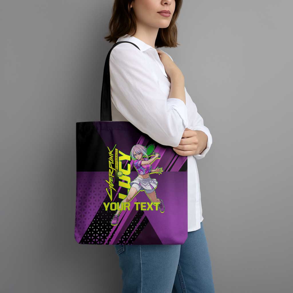 Personalized Lucy Tennis Design Tote Bag with a Cyberpunk Edgerunners Theme Featuring Neon Purple and Dynamic Poses