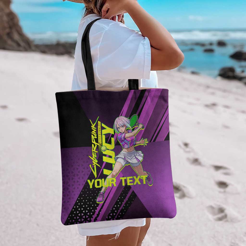 Personalized Lucy Tennis Design Tote Bag with a Cyberpunk Edgerunners Theme Featuring Neon Purple and Dynamic Poses