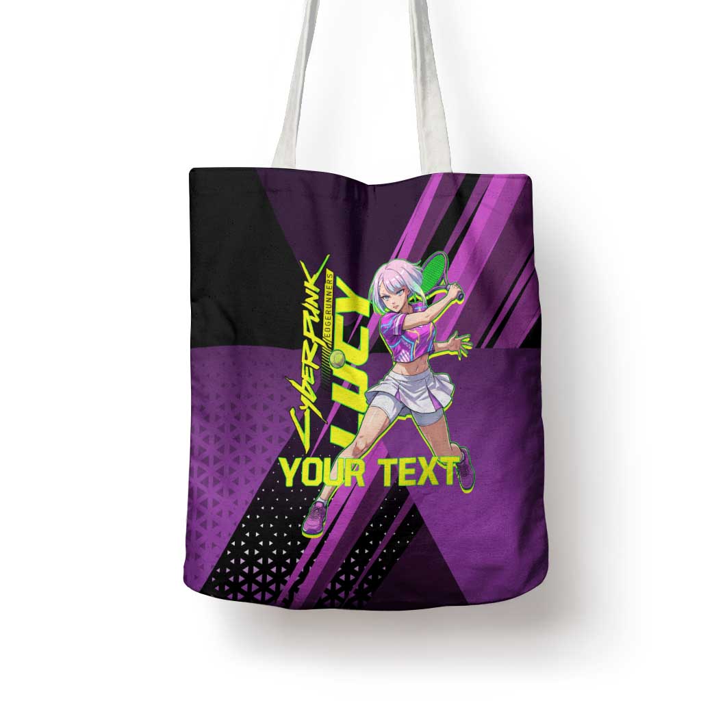 Personalized Lucy Tennis Design Tote Bag with a Cyberpunk Edgerunners Theme Featuring Neon Purple and Dynamic Poses