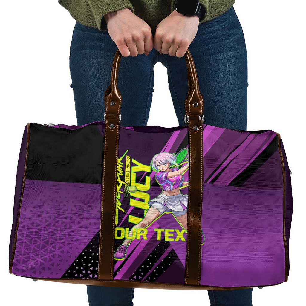 Personalized Lucy Tennis Design Travel Bag with a Cyberpunk Edgerunners Theme Featuring Neon Purple and Dynamic Poses