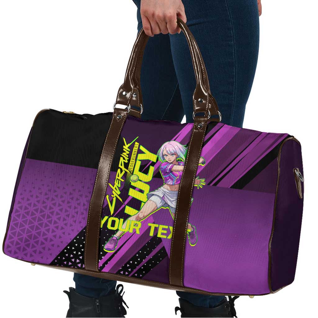 Personalized Lucy Tennis Design Travel Bag with a Cyberpunk Edgerunners Theme Featuring Neon Purple and Dynamic Poses