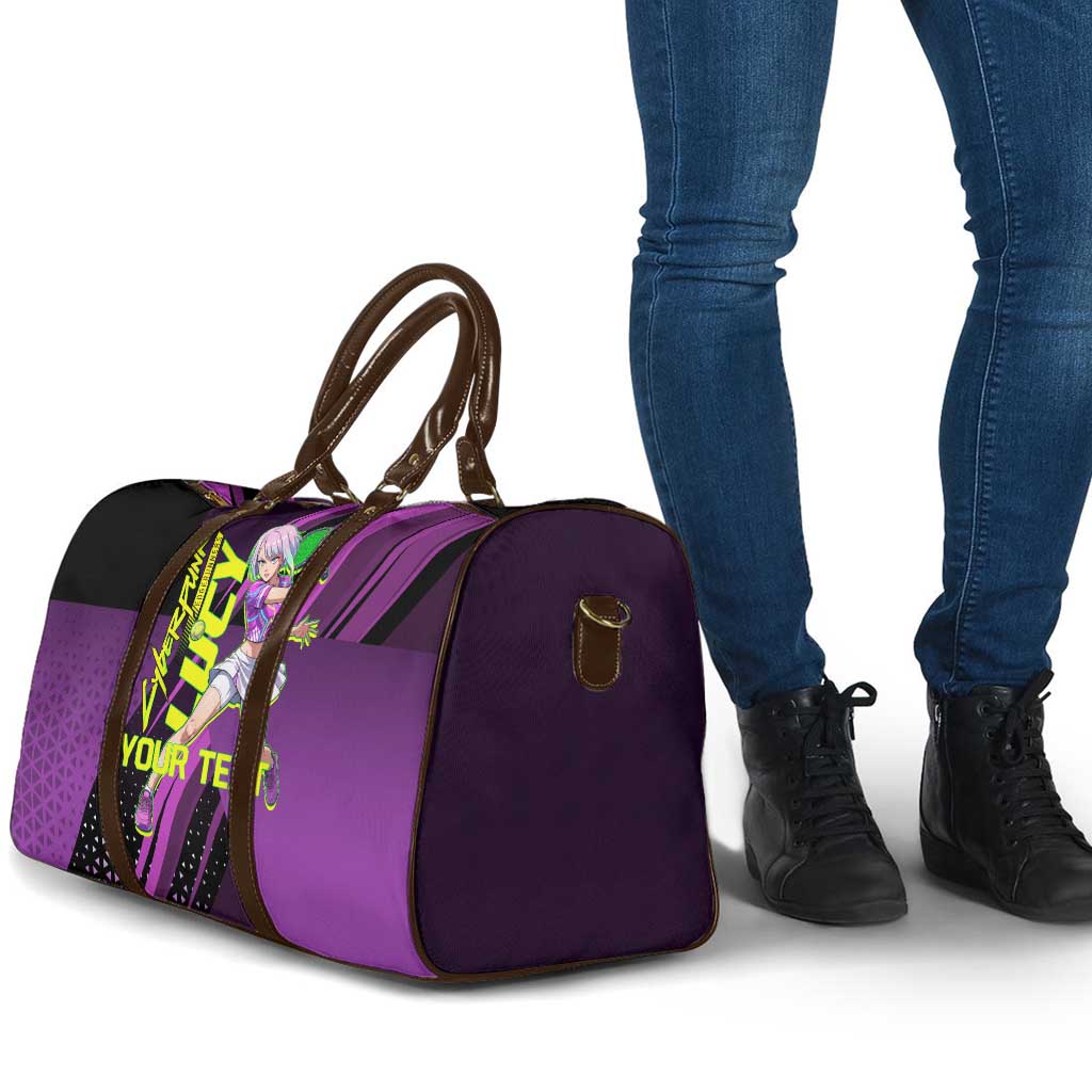 Personalized Lucy Tennis Design Travel Bag with a Cyberpunk Edgerunners Theme Featuring Neon Purple and Dynamic Poses