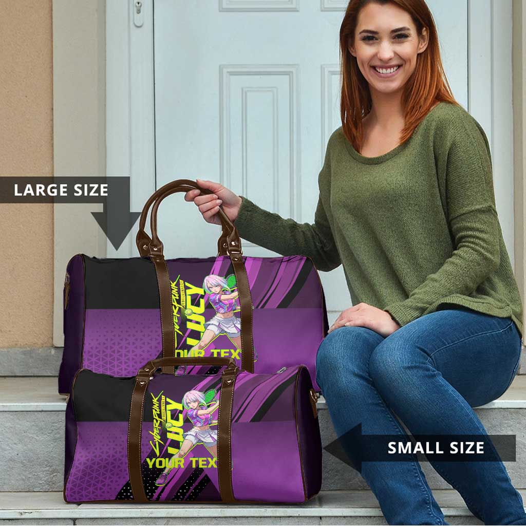 Personalized Lucy Tennis Design Travel Bag with a Cyberpunk Edgerunners Theme Featuring Neon Purple and Dynamic Poses