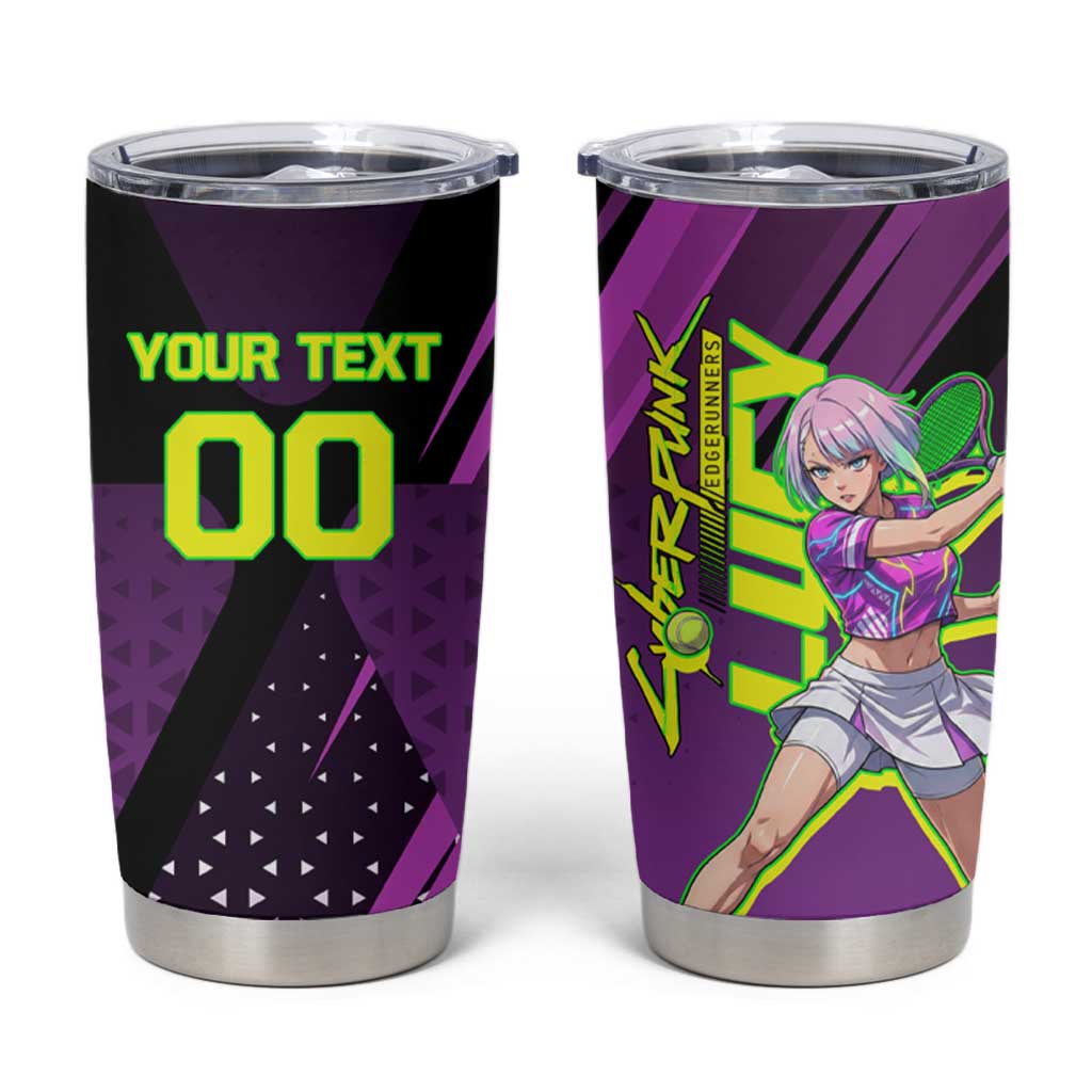 Personalized Lucy Tennis Design Tumbler Cup with a Cyberpunk Edgerunners Theme Featuring Neon Purple and Dynamic Poses