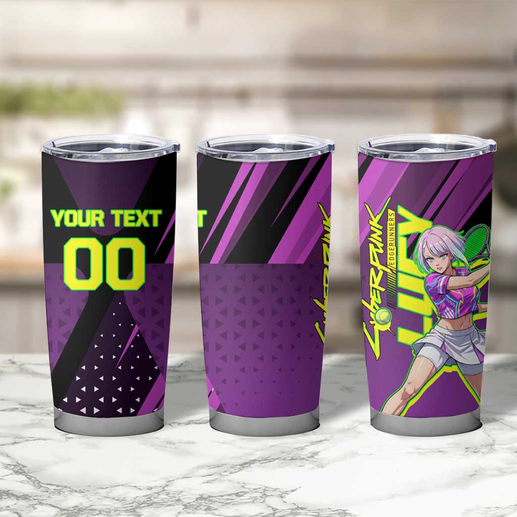 Personalized Lucy Tennis Design Tumbler Cup with a Cyberpunk Edgerunners Theme Featuring Neon Purple and Dynamic Poses
