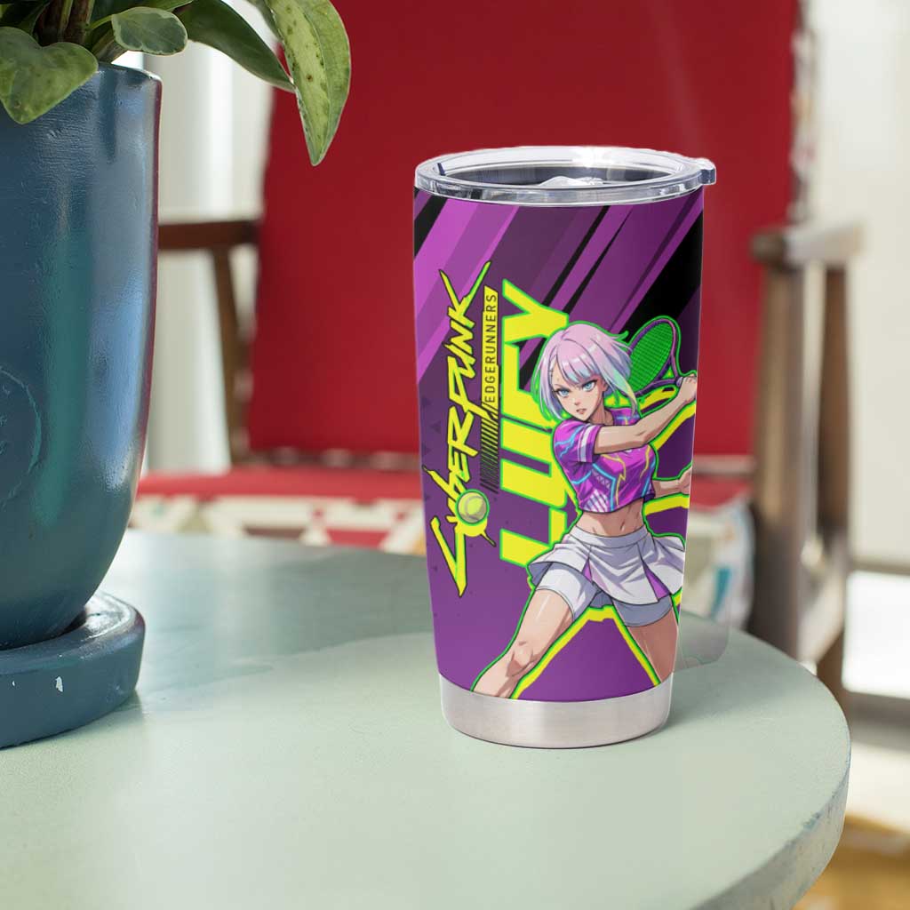 Personalized Lucy Tennis Design Tumbler Cup with a Cyberpunk Edgerunners Theme Featuring Neon Purple and Dynamic Poses
