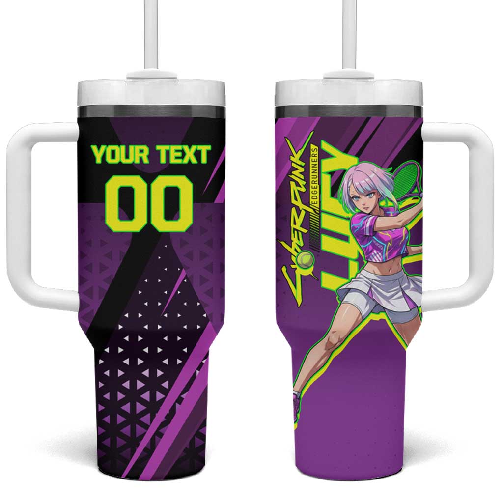 Personalized Lucy Tennis Design Tumbler With Handle with a Cyberpunk Edgerunners Theme Featuring Neon Purple and Dynamic Poses