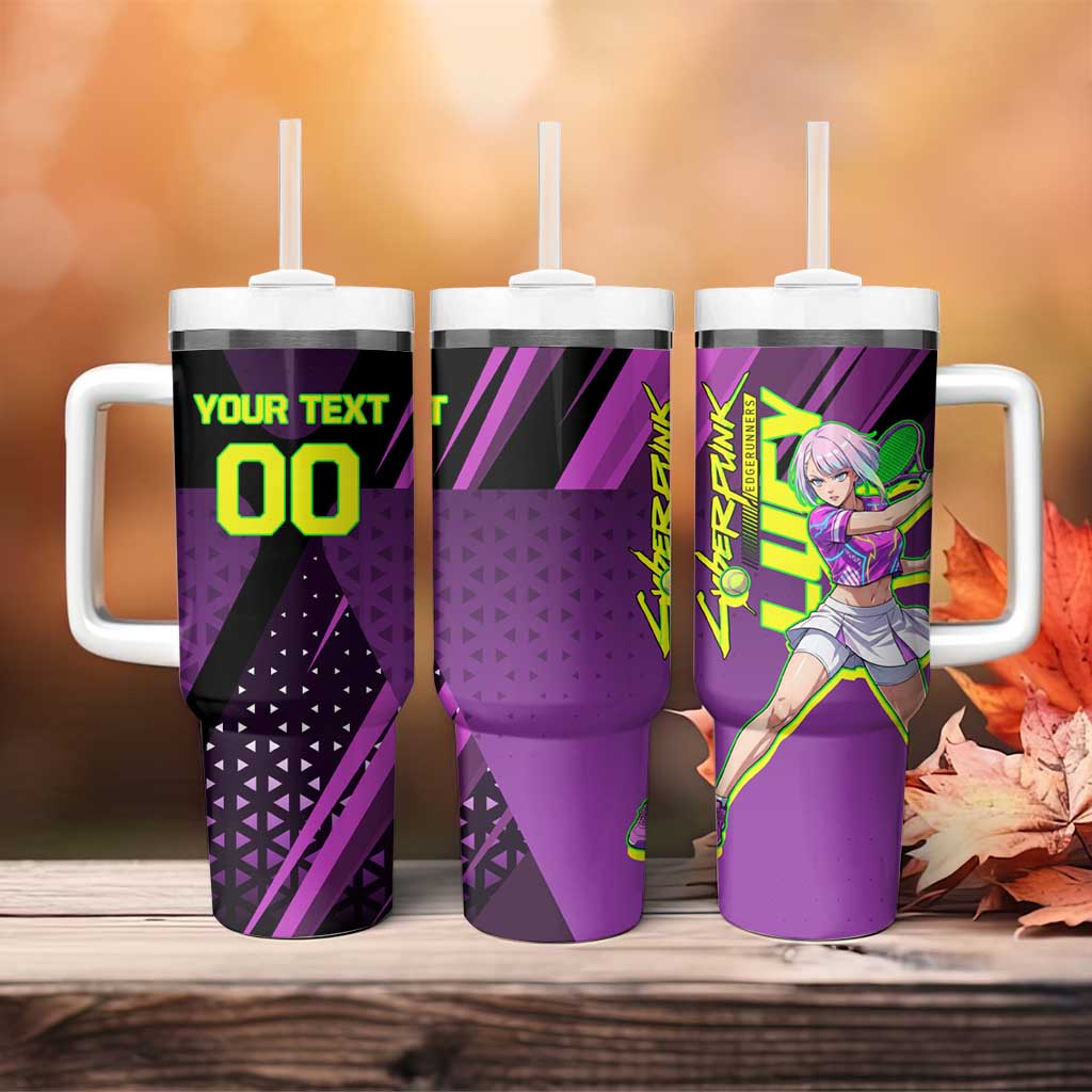 Personalized Lucy Tennis Design Tumbler With Handle with a Cyberpunk Edgerunners Theme Featuring Neon Purple and Dynamic Poses