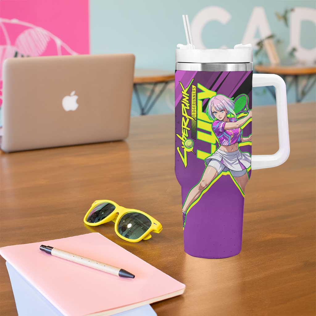 Personalized Lucy Tennis Design Tumbler With Handle with a Cyberpunk Edgerunners Theme Featuring Neon Purple and Dynamic Poses