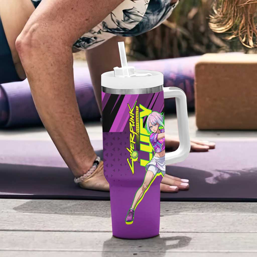 Personalized Lucy Tennis Design Tumbler With Handle with a Cyberpunk Edgerunners Theme Featuring Neon Purple and Dynamic Poses