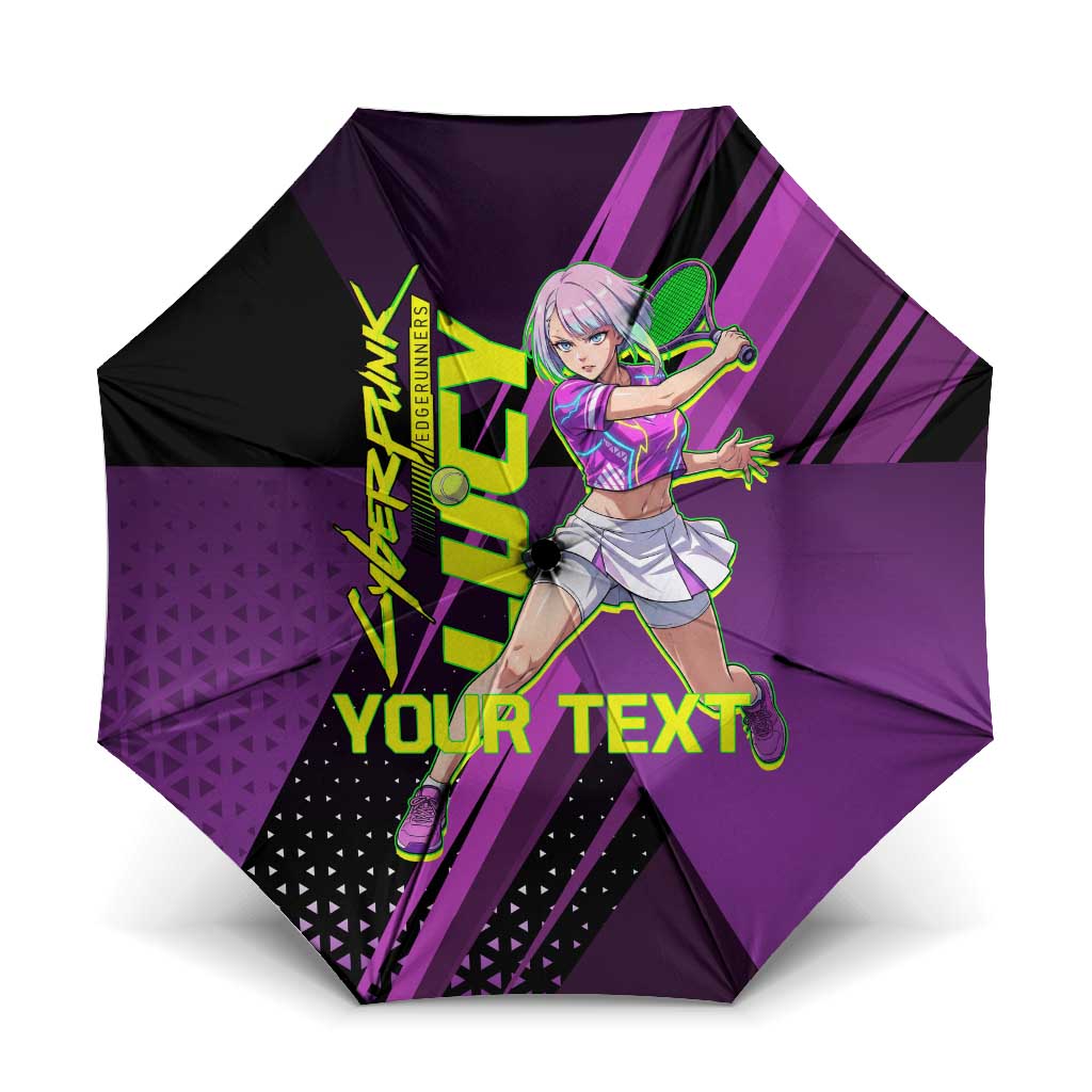 Personalized Lucy Tennis Design Umbrella with a Cyberpunk Edgerunners Theme Featuring Neon Purple and Dynamic Poses