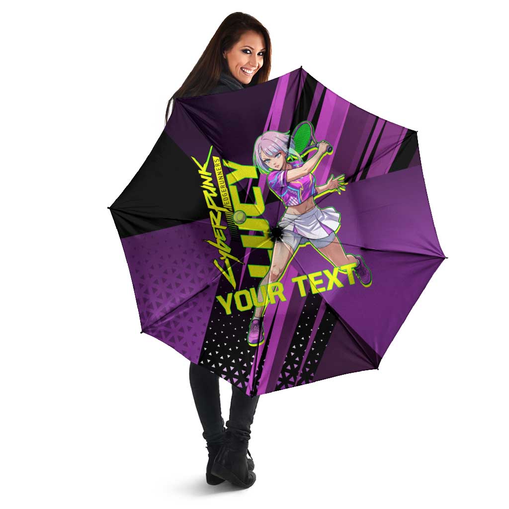 Personalized Lucy Tennis Design Umbrella with a Cyberpunk Edgerunners Theme Featuring Neon Purple and Dynamic Poses