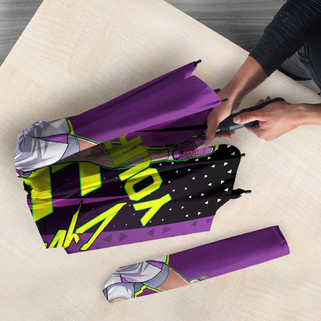 Personalized Lucy Tennis Design Umbrella with a Cyberpunk Edgerunners Theme Featuring Neon Purple and Dynamic Poses