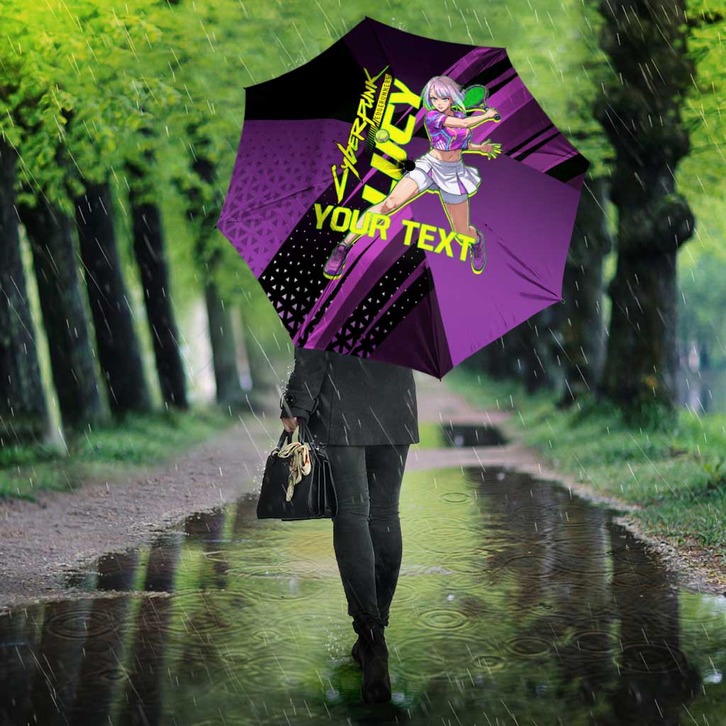 Personalized Lucy Tennis Design Umbrella with a Cyberpunk Edgerunners Theme Featuring Neon Purple and Dynamic Poses