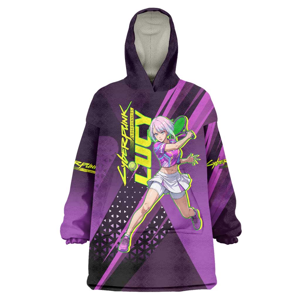 Personalized Lucy Tennis Design Wearable Blanket Hoodie with a Cyberpunk Edgerunners Theme Featuring Neon Purple and Dynamic Poses