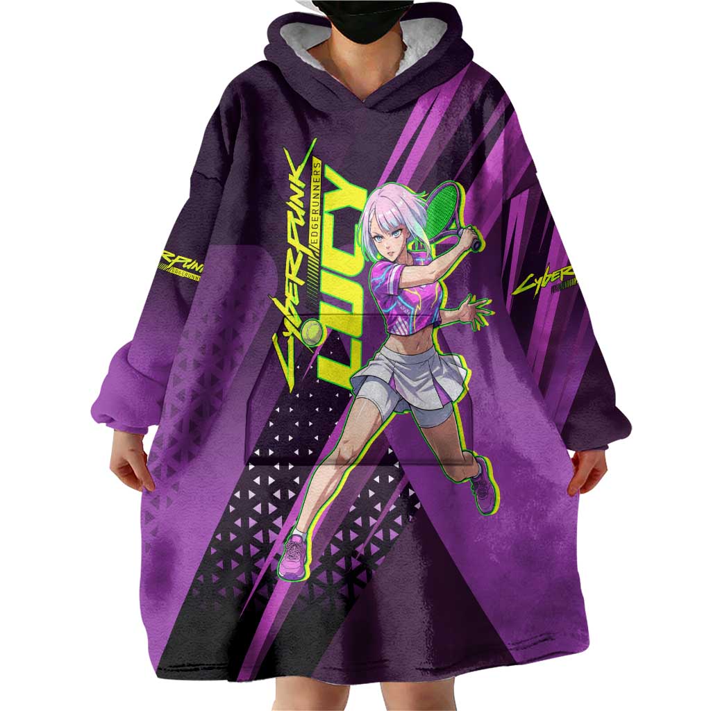 Personalized Lucy Tennis Design Wearable Blanket Hoodie with a Cyberpunk Edgerunners Theme Featuring Neon Purple and Dynamic Poses