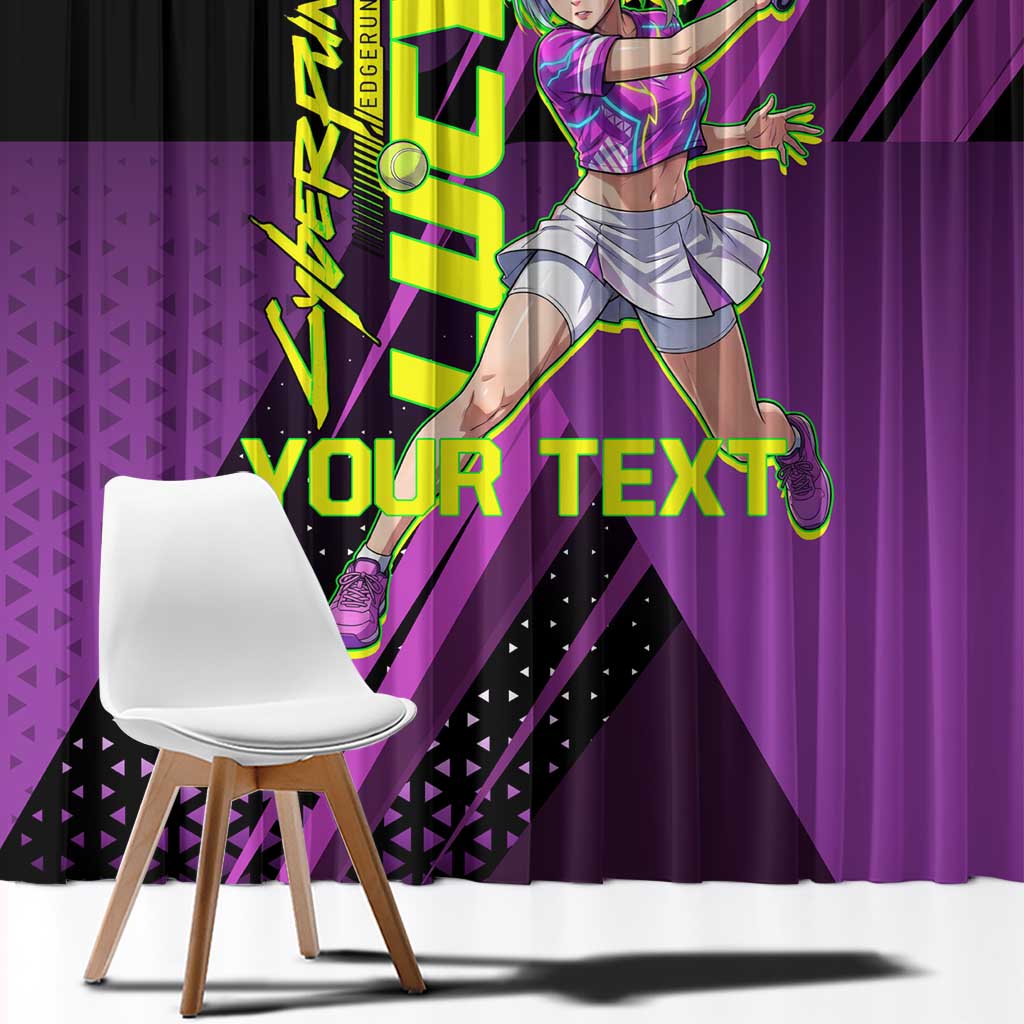 Personalized Lucy Tennis Design Window Curtain with a Cyberpunk Edgerunners Theme Featuring Neon Purple and Dynamic Poses