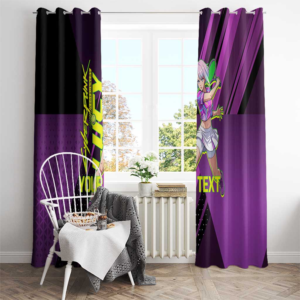 Personalized Lucy Tennis Design Window Curtain with a Cyberpunk Edgerunners Theme Featuring Neon Purple and Dynamic Poses