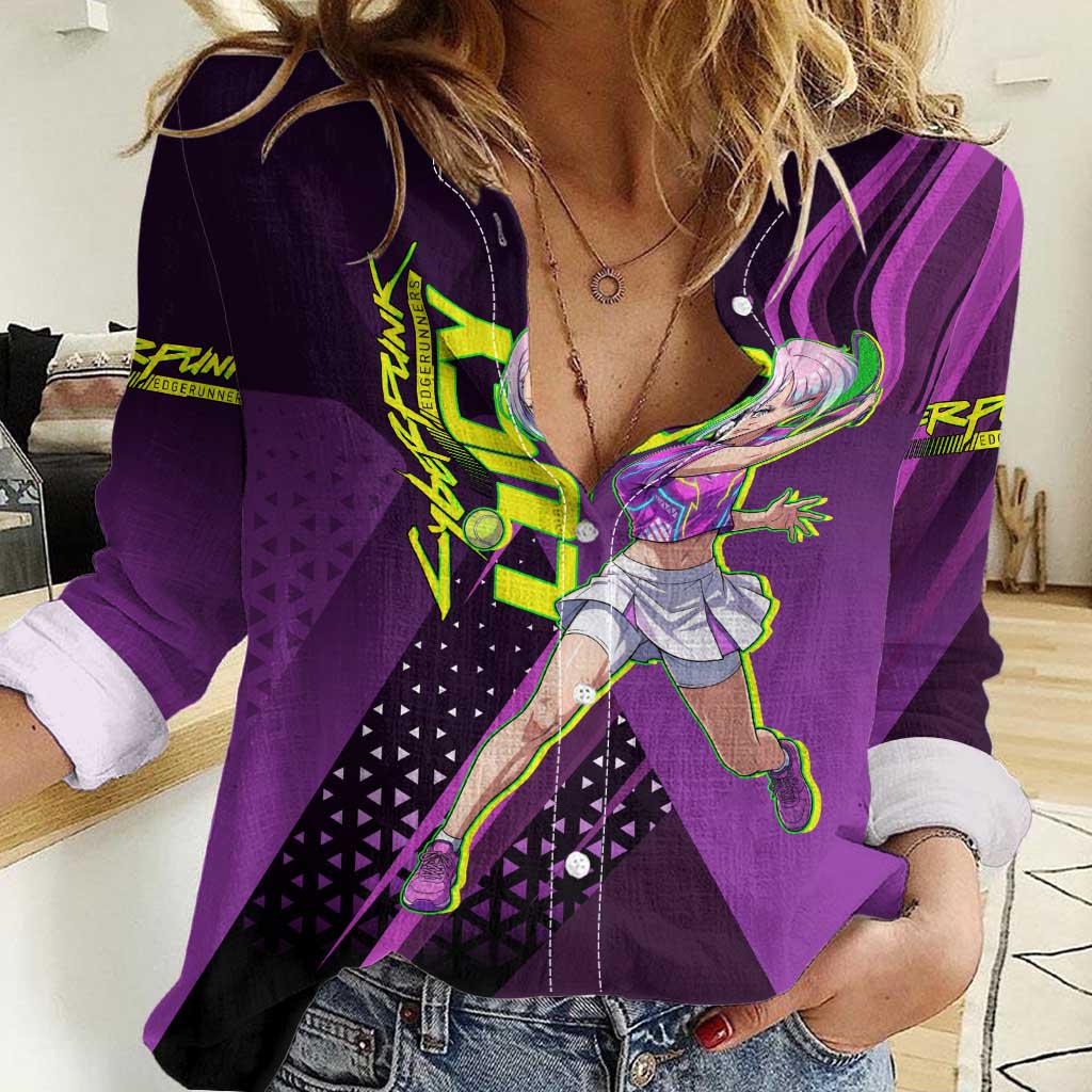 Personalized Lucy Tennis Design Women Casual Shirt with a Cyberpunk Edgerunners Theme Featuring Neon Purple and Dynamic Poses