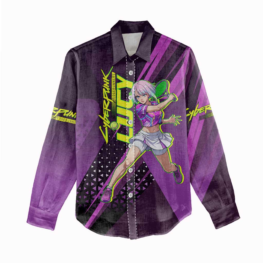 Personalized Lucy Tennis Design Women Casual Shirt with a Cyberpunk Edgerunners Theme Featuring Neon Purple and Dynamic Poses